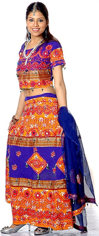 Blue and Amber Printed Chaniya Choli from Rajasthan with Mirrors and Embroidery