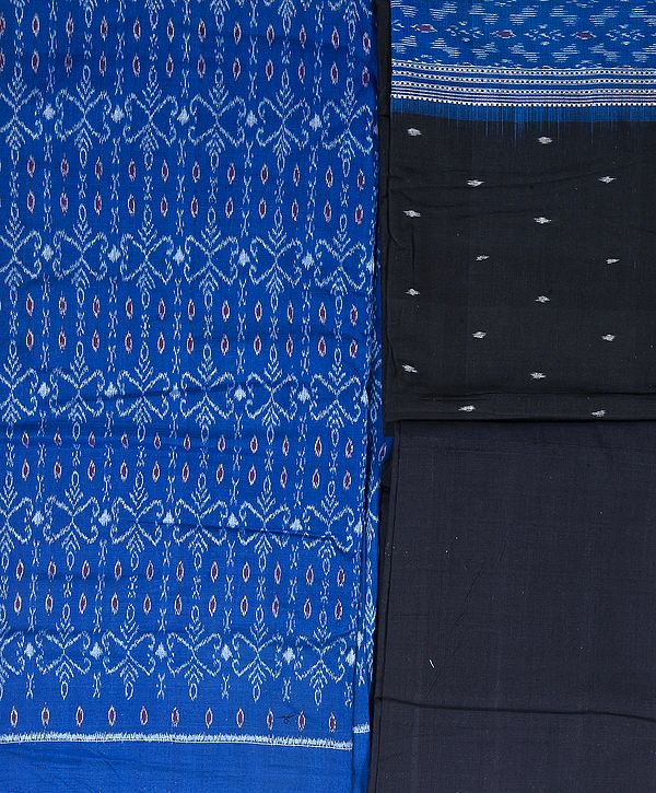 Blue and Black Salwar Kameez Fabric from Sambhalpur with Ikat Weave