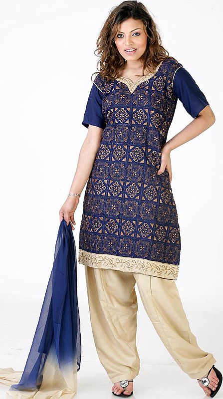 Blue and Cream Salwar Kameez with All-Over Embroidery