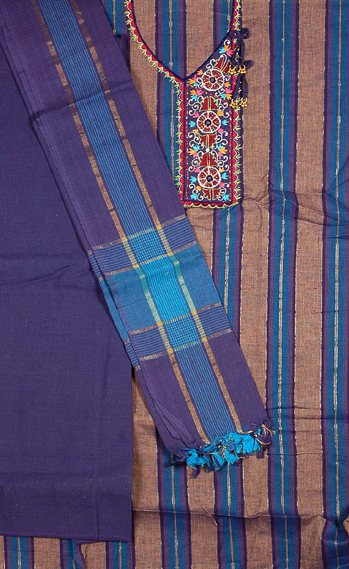 Blue and Gray South-Cotton Suit with Embroidery on Neck