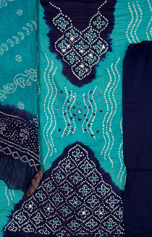 Blue and Green Bandhani Suit from Gujarat with Mirrors