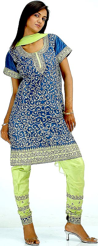 Blue and Green Choodidaar Suit with All-Over Jall Embroidery