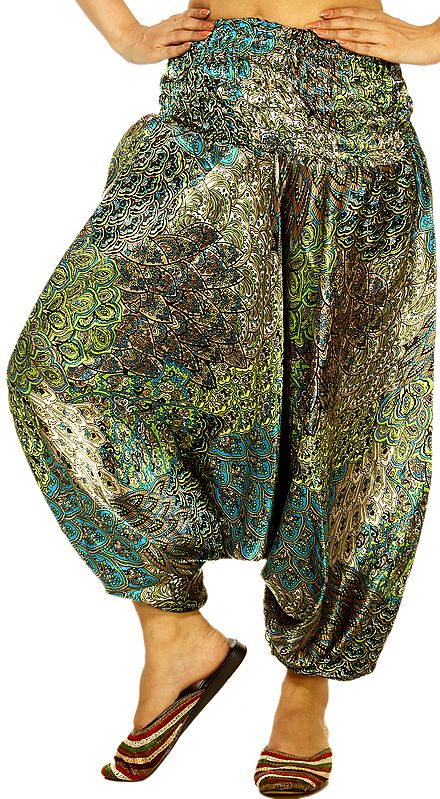 Blue and Light-Green Harem Trousers with Printed Flowers