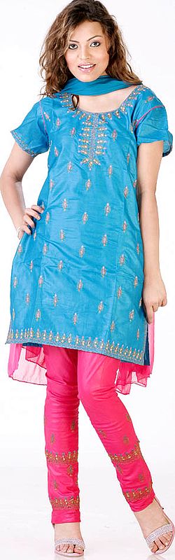 Blue and Magenta Choodidaar Suit with Embroidered Bootis
