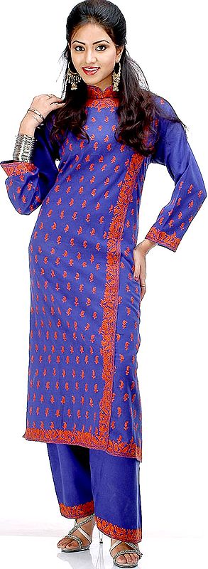 Blue and Orange Ladakhi Two-Piece Suit with Kashmiri Aari Embroidery