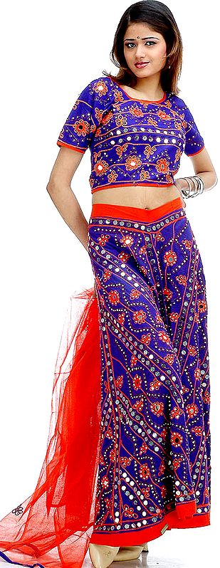 Blue and Orange Lehenga Choli from Gujarat with Mirrors and Sequins