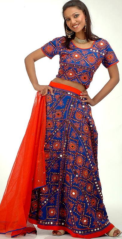 Blue and Orange Lehenga Choli from Gujarat with Mirrors and Sequins