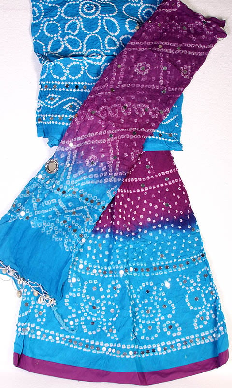 Blue and Purple Bandhani Lehenga Choli with Sequins