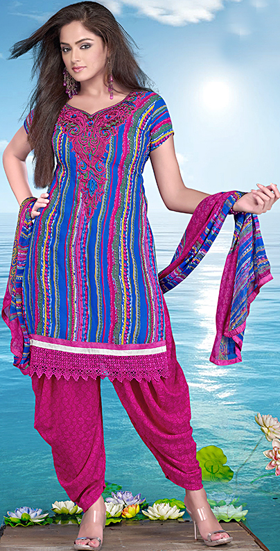 Blue and Purple Salwar Kameez Suit with Beaded Patch on Neck and Crochet Border