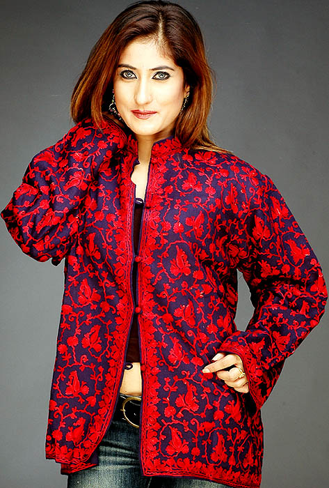 Blue and Red Jacket with All-Over Jaal Embroidery