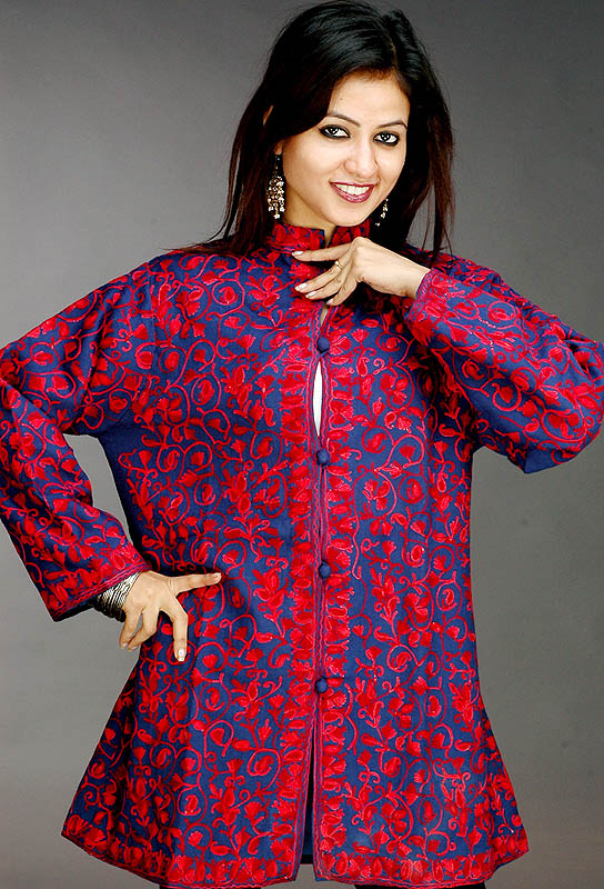 Blue and Red Kashmiri Jacket with Paisley Embroidery