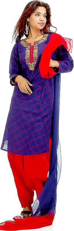 Blue and Red Salwar Suit with Persian Embroidery on Kameez