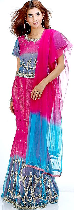 Blue and Violet Bridal Lehenga Choli with Embroidery and Sequins