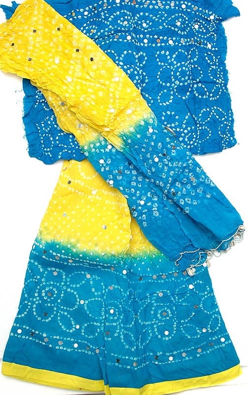 Blue and Yellow Bandhani Lehenga Choli with Sequins