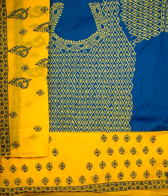 Blue and Yellow Salwar Suit with All-Over Lukhnavi Chikan Embroidery