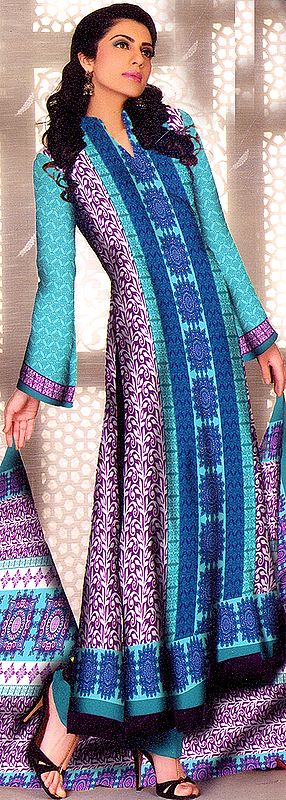 Blue Atoll and Purple Long Salwar Kameez Suit from Pakistan with Large Printed Leaves