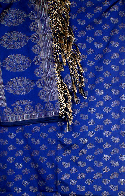 Blue Banarasi Salwar Suit with All-Over Thread Weave