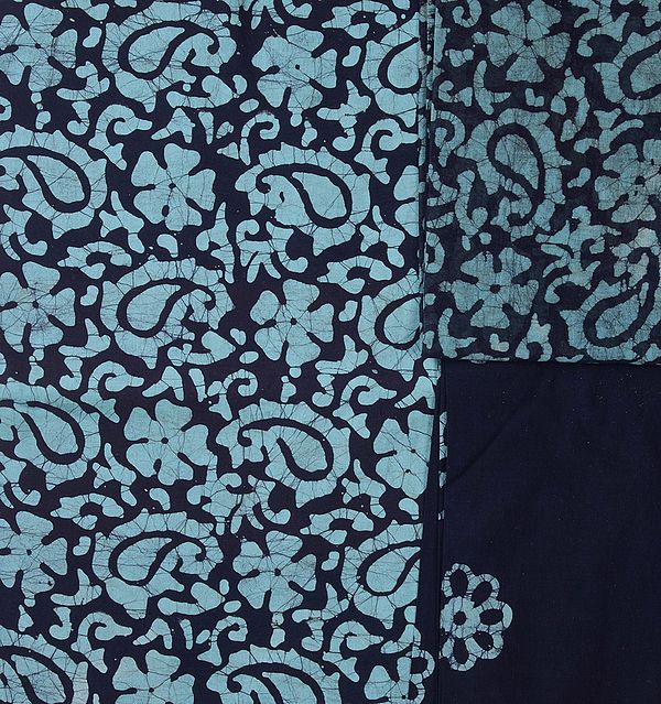 Blue Batik Salwar Kameez Fabric with Printed Flowers and Paisleys