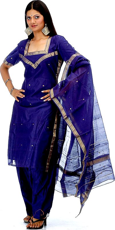 Blue Chanderi Suit with Golden Weave