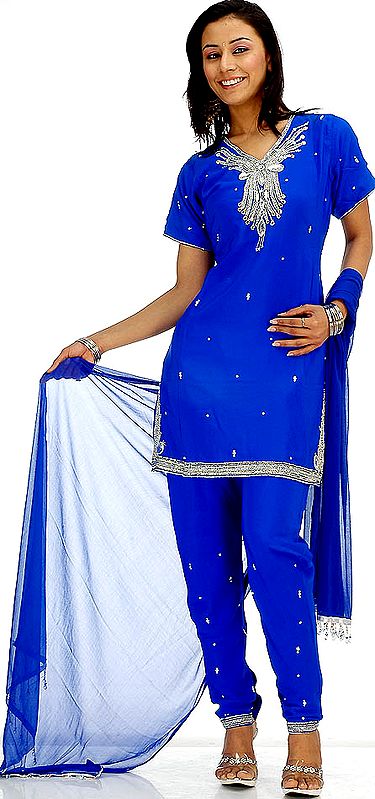 Blue Choodidaar Suit with Crystals and Beads