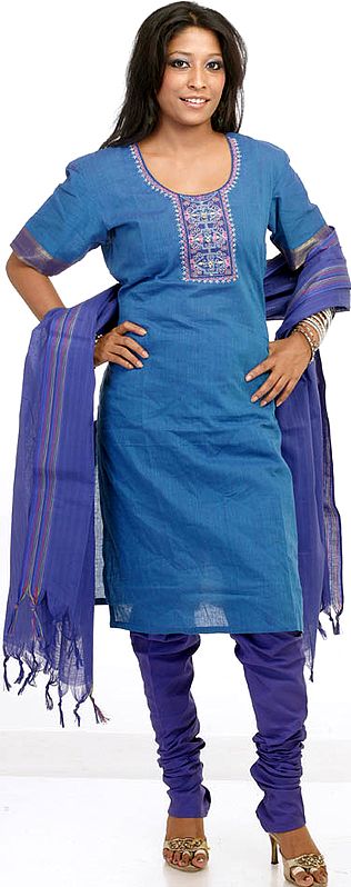 Blue Choodidaar Suit with Embroidery on Front