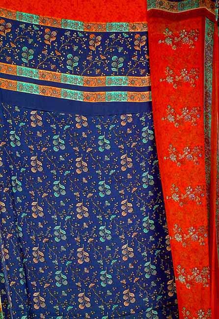 Blue Floral Printed Suit with Rust Colored Dupatta and Salwar
