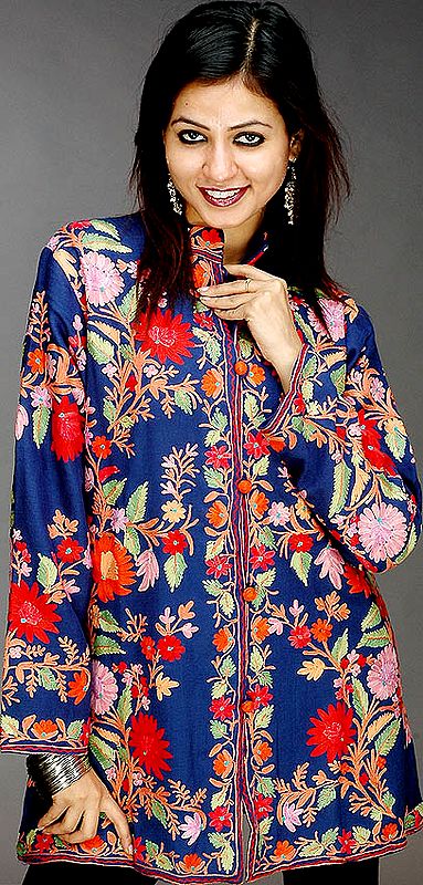 Blue Kashmiri Aari Jacket with Large Flowers