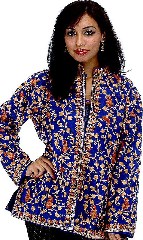 Blue Kashmiri Jacket with Embroidered Paisleys