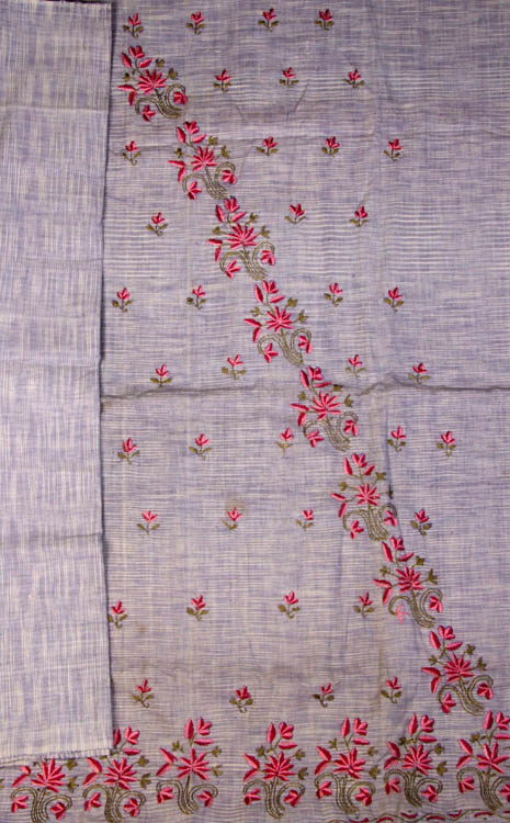 Blue Khadi Suit with Aari-Embroidered Flowers