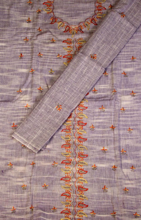 Blue Khadi Suit with Aari-Embroidered Leaves
