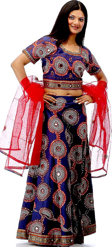 Blue Printed Chaniya Choli from Rajasthan with Mirrors and Sequins