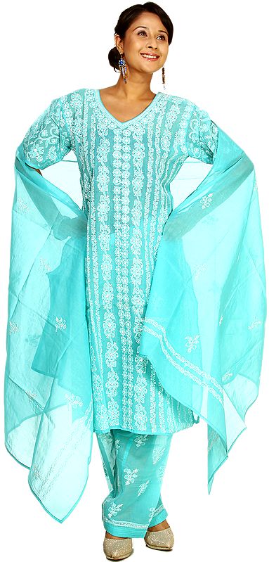 Blue Radiance Salwar Suit with Lukhnawi Chikan Embroidery in White Thread
