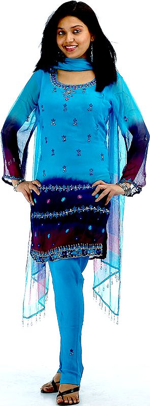 Blue Shaded Choodidaar Suit with Mirrors and Beads