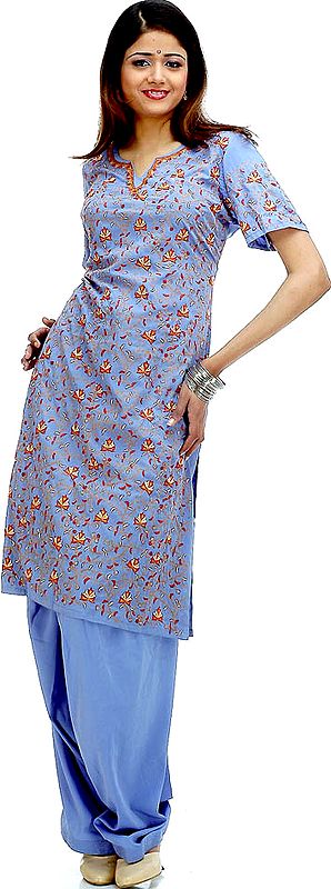 Blue Two-Piece Salwar with All-Over Kashmiri Embroidery