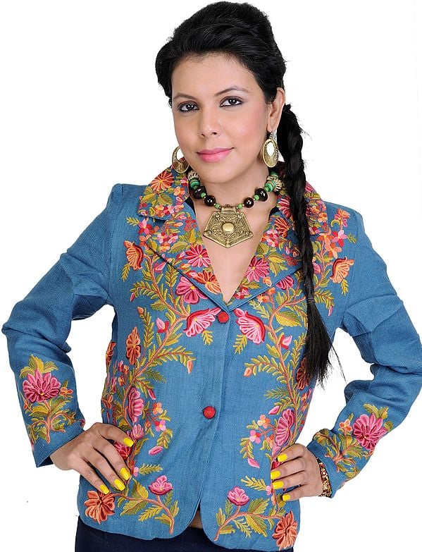 Blue-Heaven Short Jacket from Kashmir with Crewel Embroidered Flowers by Hand