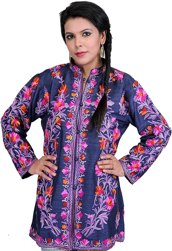 Blue-Indigo Jacket from Kashmir with Aari Embroidered Flowers