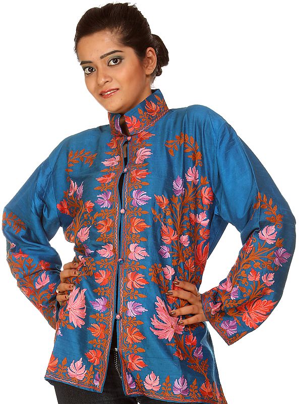 Blue-Jewel Kashmiri Jacket with Aari-Embroidered Chinar Leaves