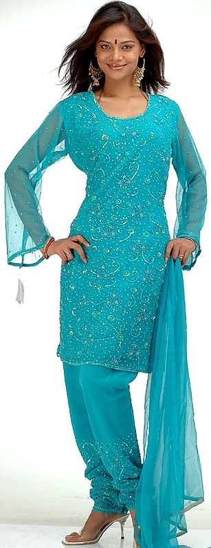 Bondi-Blue Choodidaar Suit with Sequins