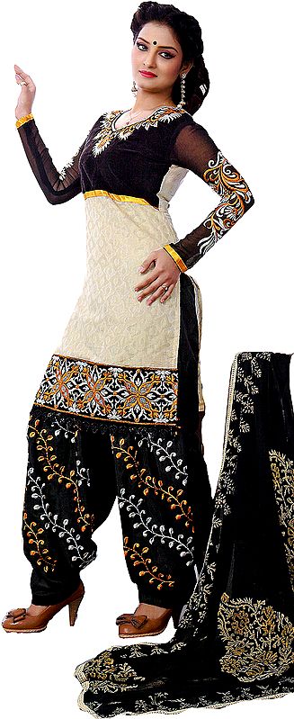 Bone-White and Black Patiala Salwar Kameez with Embroidered Flowers