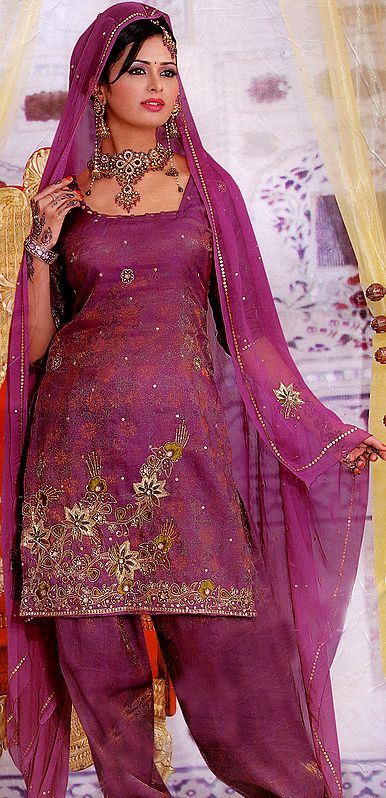 Bordeaux-Purple Wedding Salwar Kameez with Beads Embroidered as Flowers and Self Weave All-Over