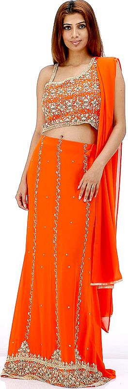 Bridal Orange Lehenga and Sleeveless Choli Set with Embroidery and Sequins