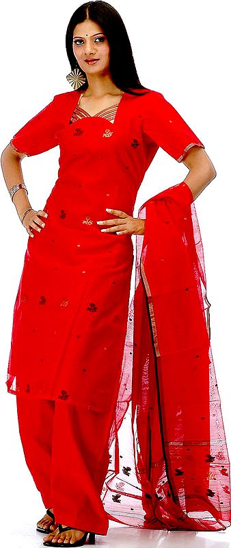 Bridal Red Chanderi Suit with Floral Bootis