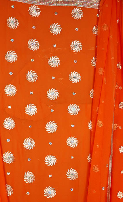 Bright Orange Salwar Suit Fabric with Embroidered Chakris and Gota Border