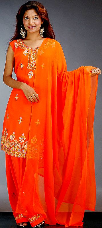 Bright Orange Salwar  Suit with Sequins and Threadwork