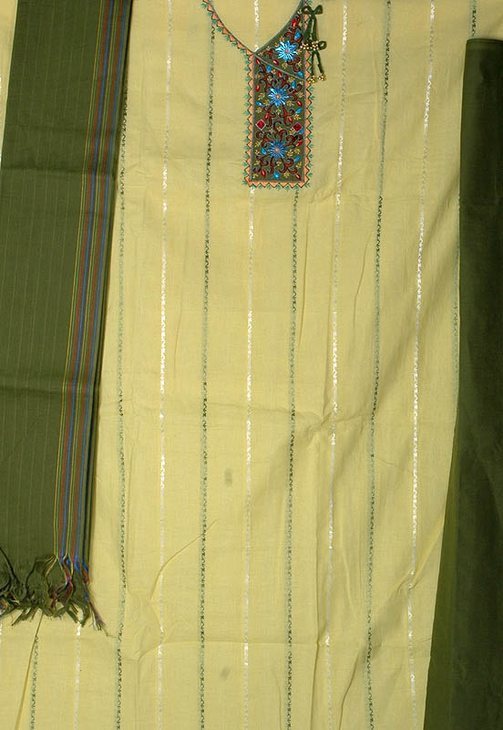 Bright Yellow and Olive South-Cotton Suit with Embroidery on Neck