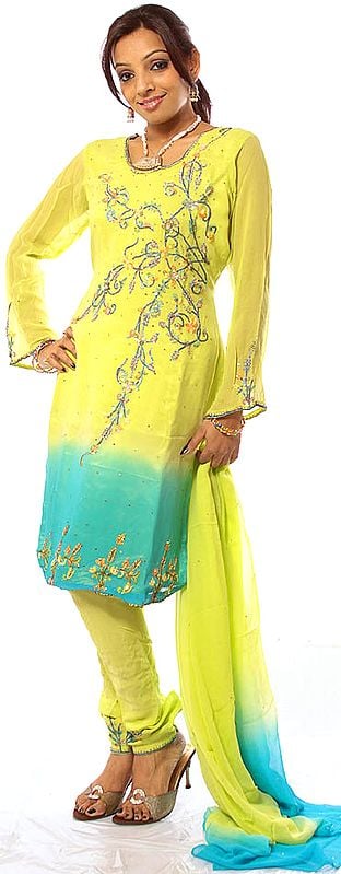 Bright-Green Choodidaar Suit with All-Over Embroidered Sequins