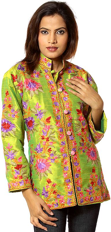 Bright-Green Kashmiri Jacket with Floral Embroidery