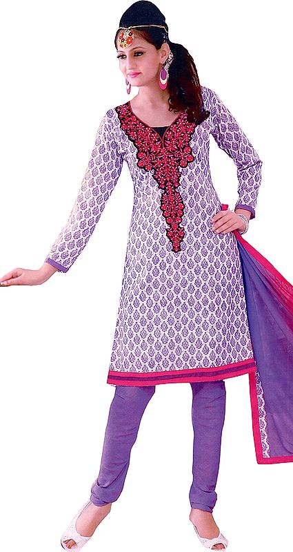 Bright-White Choodidaar Kameez Suit with Embroidered Patch on Neck