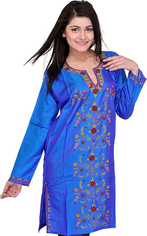 Brilliant-Blue Long Kashmiri Kurti with Aari Embroidered Flowers by Hand