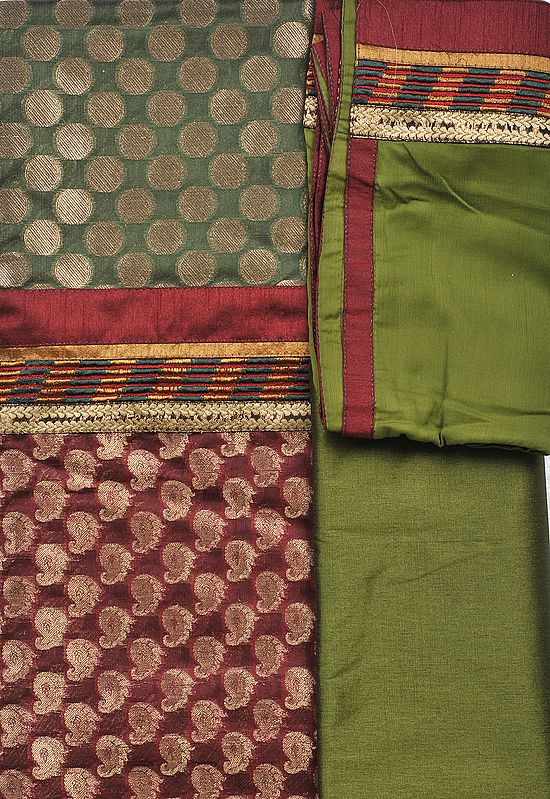 Bronze-Green and Red Banarasi Brocaded Salwar Kameez Fabric with Woven Circles and Patch Border
